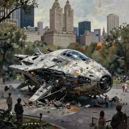 concept art of a crashed alien spaceship in the middle of central park manhattan, grimy, gritty, trending on artstation, award winning painting, cgi, art by ivan aivazovsky and john howe and filip hodas and zhang kechun