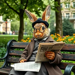 a cgi render of a renaissance rabbit detective in early century old world london. beautiful park bench, reading the newspaper, monocle