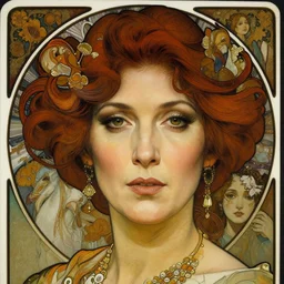 hyper-realistic detailed face portrait of attractive mature woman by Alphonse Mucha, Ayami Kojima, Amano, Charlie Bowater, Karol Bak, Greg Hildebrandt, Jean Delville, and Mark Brooks, Art Nouveau, Neo-Gothic, gothic, rich deep moody colors
