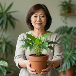 portrait of a middle aged woman holding a plant pot