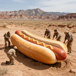 archeologists finding a giant hot dog in the ground, amazing desert mountains, award winning photograph
