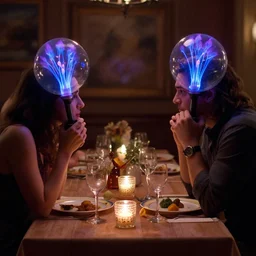 still frame from a live - action romantic comedy showing two people with glass ball plasma lamps for heads, both full of glowing blue and purple plasma filaments, having an awkward dinner date
