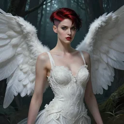 cinematic portrait sexy female angel, fantasy forest landscape, fantasy magic, undercut hairstyle, short red black fade hair, dark light night, intricate, elegant, sharp focus, illustration, highly detailed, digital painting, concept art, matte, art by WLOP and Artgerm and Greg Rutkowski and Alphonse Mucha, masterpiece