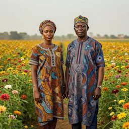 hyper realistic portrait of onyeka nwelue standing with wole soyinka in the middle of an expansive flower garden with lots of space all round, perfect face, fine details, colorful patterns, studio lighting, subtle shadows, art by tim okamura and karol bak, canon eos r 3, f / 1. 4, iso 2 0 0, 1 / 1 7 0 s, 8 k, raw, unedited, in - frame