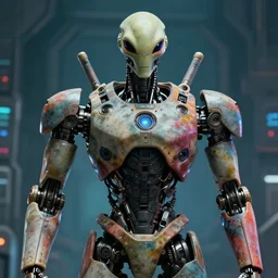 robot, with arms, cinematic, torso, faded colors, exotic alien features, cyber background, tim hildebrandt, wayne barlowe, bruce pennington, donato giancola, larry elmore, masterpiece, trending on artstation, featured on pixiv, zack snyder, cinematic composition, beautiful lighting, sharp, details, hyper - detailed, hd, hdr, 4 k, 8 k
