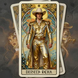 a dramatic ethereal epic symmetrical painting of a handsome cowboy in a silvery gold outfit | tarot card, art deco, art nouveau,  (steampunk), homoerotic, realistic | by Dresden Codak, by Mark Maggiori and ((((Alphonse Mucha))) | trending on artstation
