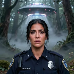 kim kardashian as a cop wearing a police uniform, face portrait, scared emotion, haunted forest with a ufo sitting in the fog, pretty, aesthetic, dust molecules, matte detailed photo, DeviantArt, Artstation, by donato giancola, ralph horley, loish, ufo lighting