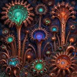carnivore plants bioluminescence, by fiona staples and dustin nguyen, peter elson, alan bean, wangechi mutu, metallic colors, fractals, deepdream, oxidized copper, led light, highly detailed and intricate, psychedelic, sharp focus,