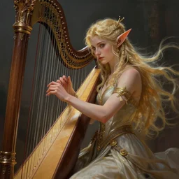 beautiful fragile elf bard in robes, playing on a harp, masterpiece ,  cinematic, powerful, dramatic light, highly, intricate elements, detailed, digital painting, artstation, concept art, sharp focus, illustration, dynamic by Edgar Maxence and Ross Tran and Michael Whelan art by Frank frazetta