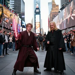 a jedi in a battle with voldemort among the people in times square