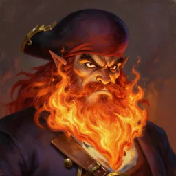portrait of demon pirate lechuck from monkey island video game, with a big beard on fire!, burning beard!, flaming beard!, highly detailed, looking smug, stylized, smooth, oil painting by greg hildebrandt, tim hildebrandt, artgerm, character portrait, dynamic lighting