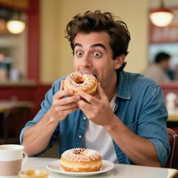 Johnny Bravo as a real-life human trying to steal a donut, XF IQ4, f/1.4, ISO 200, 1/160s, 8K, Sense of Depth, color and contrast corrected, Nvidia AI, Dolby Vision, in-frame