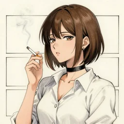 portrait of a girl with short brown hair, wearing a white blouse and black choker, smoking a cigarette, drawn by WLOP, by Avetetsuya Studios, attractive character, colored sketch anime manga panel, unsaturated, dull colors, trending on Artstation