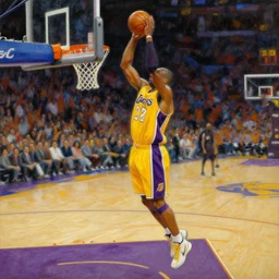 impressionist painting, standalone kobi in an epic play, yellow lakers basketball player, kobi bryant scoring a hoop alone on the basketball court, intricate detail, award - winning, masterpiece, focus on kobi bryant