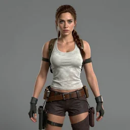 elizabeth olsen is lara croft from tomb raider, grey background, hyperdetailed, artstation, cgsociety, 8 k