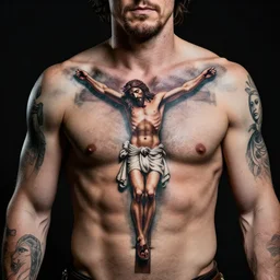 color studio photo of christian bale covered in jesus christ and cross christian tattoos, closeup