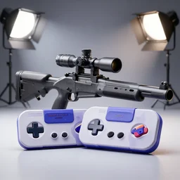 A commercial photo of a super-nintendo near a Sniper gun, studio background, studio lighting, photorealistic, octane render, 8K, highly detailed, high quality, product photo
