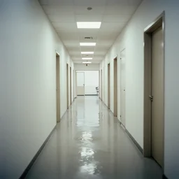 Beautiful soft liminal Photograph of an infinite infinite unused office hallway from the 90s, water on the floor
