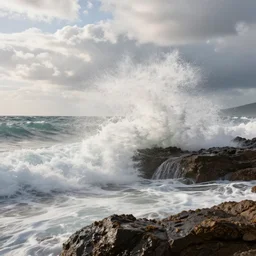close - up view of waves crashing on rocks, swirly clouds, midday, photography by marc adamus, dramatic lighting, beautiful'gives instant pleasant looking photography - like images