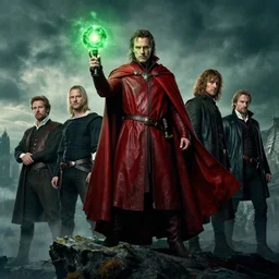 lean physique Stalwart Greg Kinnear warlock mage of the northern winds wearing a red leather cape brandishing a glowing green orb whilst standing on a cliff christopher shy leonardo da vinci Jean Sebastien Rossbach jana schirmer jeff simpson greg staples