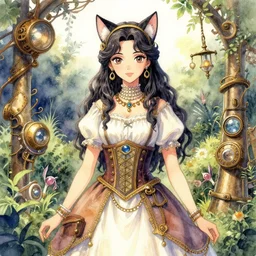 middle eastern woman with cat ears, wearing a lovely dress in a steampunk garden. this watercolor painting by the award - winning mangaka has impeccable lighting, an interesting color scheme and intricate details.