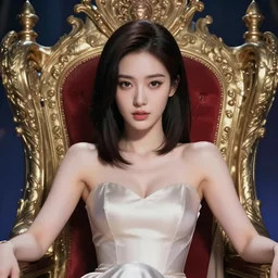 beautiful young asian woman with shoulder length hair, queen and ruler of the universe, sitting on her throne | | very very anime!!!, fine - face, realistic shaded perfect face, fine details. anime. realistic shaded lighting poster by ilya kuvshinov katsuhiro otomo, magali villeneuve, artgerm, jeremy lipkin and michael garmash and rob rey