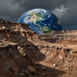 a dynamic side profile of earth soil and rock layers, digital painting