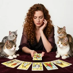 Caucasian fortune teller lady with curly hair, with cats on her side, a spread of tarot cards on a table, in a colorful tent, Alphonse Mucha, art nouveau style, full poster ,