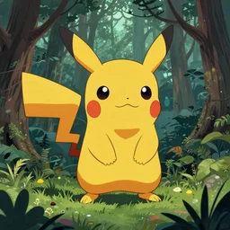 Pikachu in the forest, horror, illustrated by Greg Rutkowski and Caspar David Friedrich, Trending on artstation, artstationHD, artstationHQ