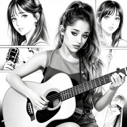 Ariana Grande playing acoustic guitar, black and white manga, highly detailed, beauty, art by Takehiko Inoue