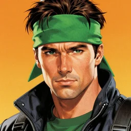 michael biehn as solid snake, green headband, grainy, saturated colors, poster art, 1 9 8 7, by drew struzan