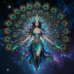 psychedelic peacock feathered goddess ascending into the heavens, cinematic lighting, hyper - detailed, cgsociety, 8 k, high resolution, cosmos, space, depth filled with stars, magical atmosphere, symmetrical face
