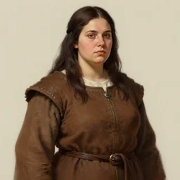 3 0 years old woman : : dark straight hair : : slightly overweight : : brown medieval cloting, natural materials : : high detail, digital art, illustration, oil painting, realistic