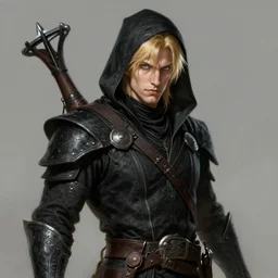 male soulknife rogue, gray eyes, black assassins clothes, golden blond hair, with crossbow, dnd character | | realistic shaded, fine details, realistic shaded lighting painting by greg rutkowski, diego gisbert llorens, magali villeneuve, artgerm, jeremy lipkin, michael garmash, rob rey