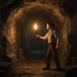 a man holds a torch and explores a Dungeon, luminous, low poly