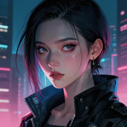 cyberpunk woman in a city, high detail, curious eyes, blended shading, in the style of ilya kuvshinov and ruan jia and artgerm, artstation, half body face portrait
