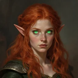 medium - length portrait of a female elf warlock with glowy green eyes, bushy red hair, freckles, medieval setting, highly detailed, digital painting, artstation, concept art, sharp focus, illustration, art by greg rutkowski and alphonse mucha