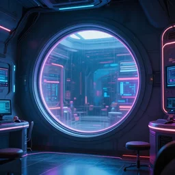 a highly detailed photo of a cyberpunk room, high tech, neon backlit, round window, 8 k