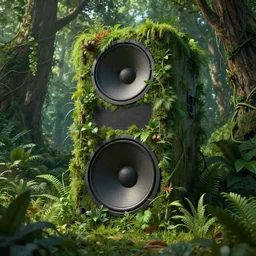 A massive overgrown speaker in a forest with trees and plants growing on it, overgrown with lush plants, thick and dense vines, digital art, trending on Artstation