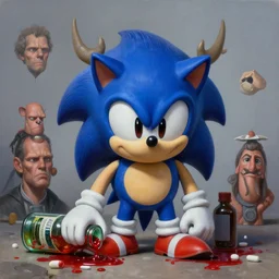 hyperrealistic detailed matte portrait painting of Sonic depressed as a Yonki in The drugs with vomit AND a bottle in his hand y andreas rocha and john howe and Martin Johnson