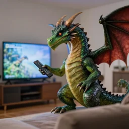 anthromorphic dragon watching the tv, holding a remote in its hand, National Geographic photography, Coherent like Dall-E 2