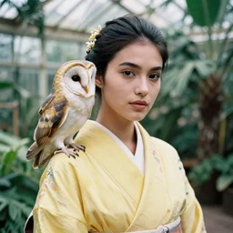 head to shoulder portrait film photograph of an elegant top model wearing a yellow kimono with a very detailed barn owl on her shoulder!!! in a tropical greenhouse. looking at the camera!!. super resolution. 85 mm f1.8 lens.bokeh. graflex. art by Alessio albi and ashley wood and Edmund Blair Leighton !  -