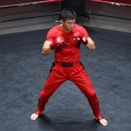 lean, fighter, in a red spandex suit, pose, stance, fight, man, with batons, standing, streetfight, 3 / 4 angle top down, fighting style, muay thai