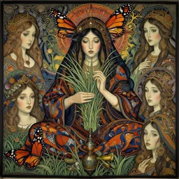 most beautiful silk keter enigma, sanguine nomad covered with monarch god and holding a grass, in the style of william blake, terese nielsen, detailed, intricate, beautiful faces, steve argyle, pastoral fantastic reality