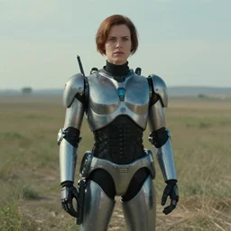 still frame from the female robocop movie. beautiful scenery. photorealistic, photography, directed by wes anderson