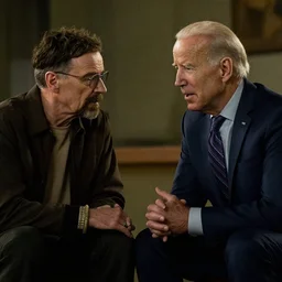 “Detailed photorealistic screenshot of Joe Biden meeting Walter White in an episode of Breaking Bad, atmospheric lighting, award-winning”