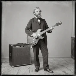 early 1 7 0 0's photograph of a blonde bearded man standing with electric guitar, amplifier behind him, daguerrotype, victorian