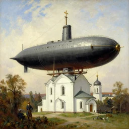 a large dieselpunk airship standing over a white church in russia in 1 9 1 0, by winslow homer and levitan, oil on canvas painting
