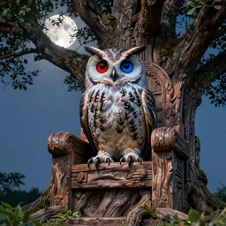 A giant two-headed owl with red and blue eyes sitting on a throne carved in a big tree, moonlight, natural light, Cinematic level shot, dynamic pose, award winning photograph, photorealism, beautiful lighting, sharp, details, hyper-detailed, HDR, 8K