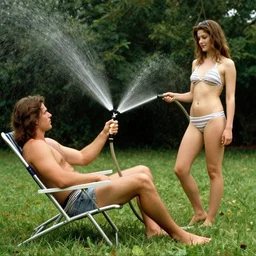a shirtless guy with long brown hair sitting on a lawn chair and spraying with a water hose a woman in a bikini standing j. c. leyendecker 8 k